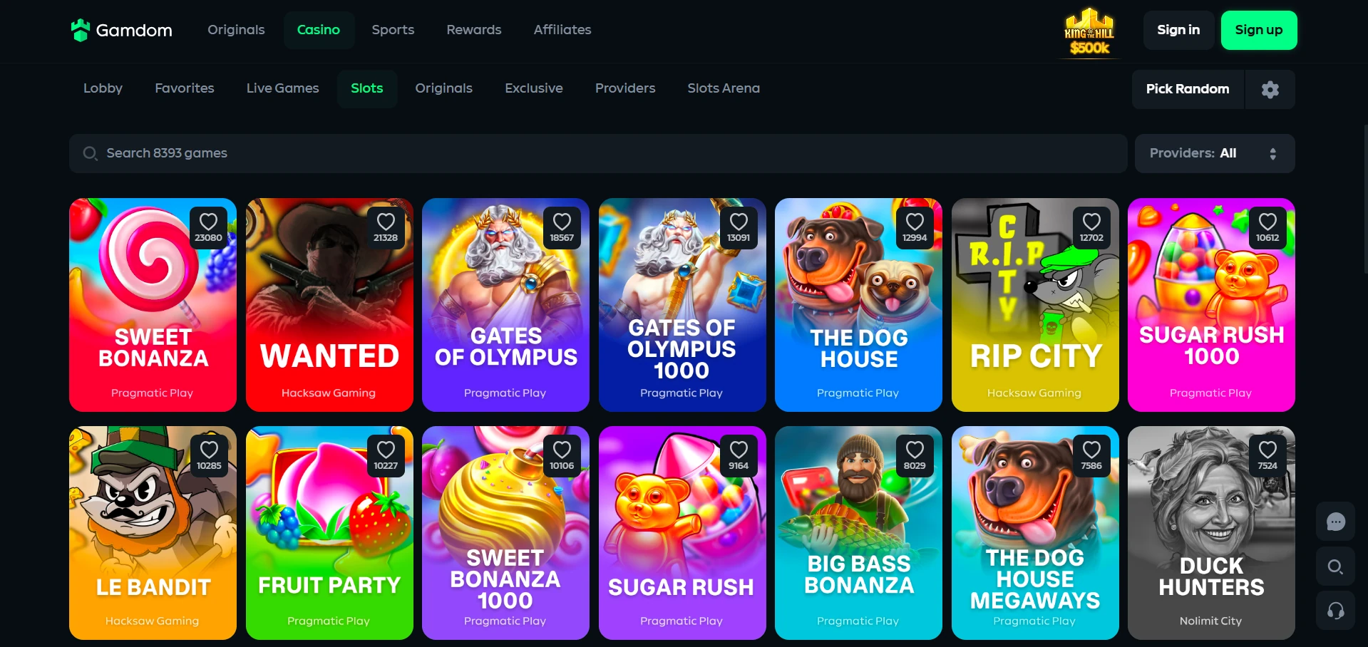 Gamdom game lobby with game tiles