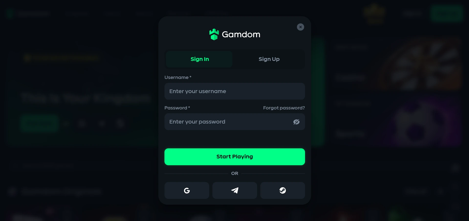 Gamdom login form on the official site