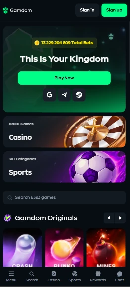 Gamdom mobile site on a phone browser